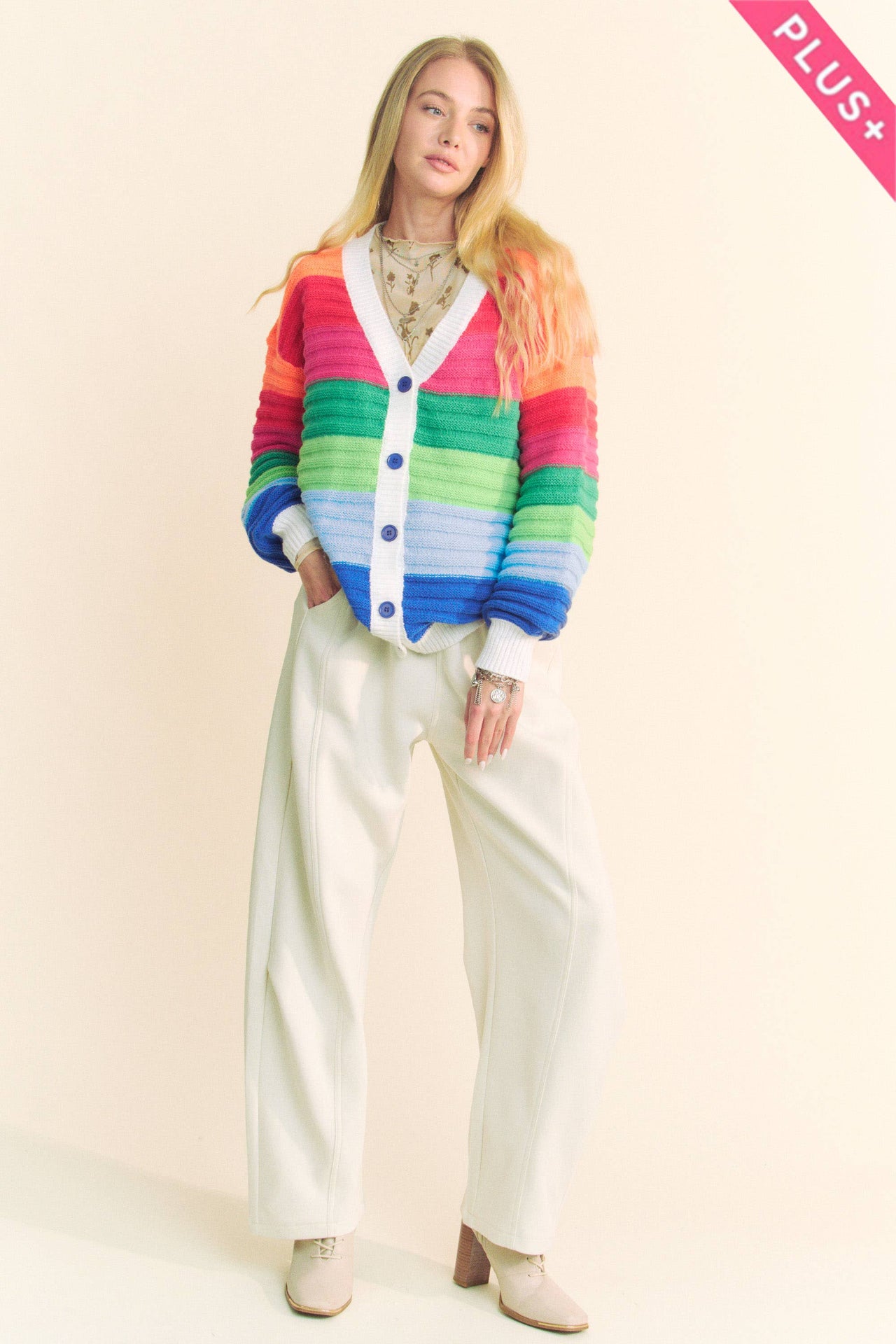 PLUS STRIPED TEXTURED KNIT MULTI SWEATER CARDIGAN: Rainbow