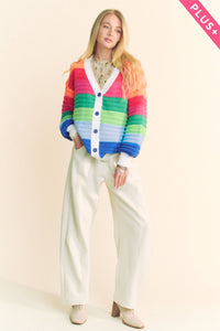 Thumbnail for PLUS STRIPED TEXTURED KNIT MULTI SWEATER CARDIGAN: Rainbow