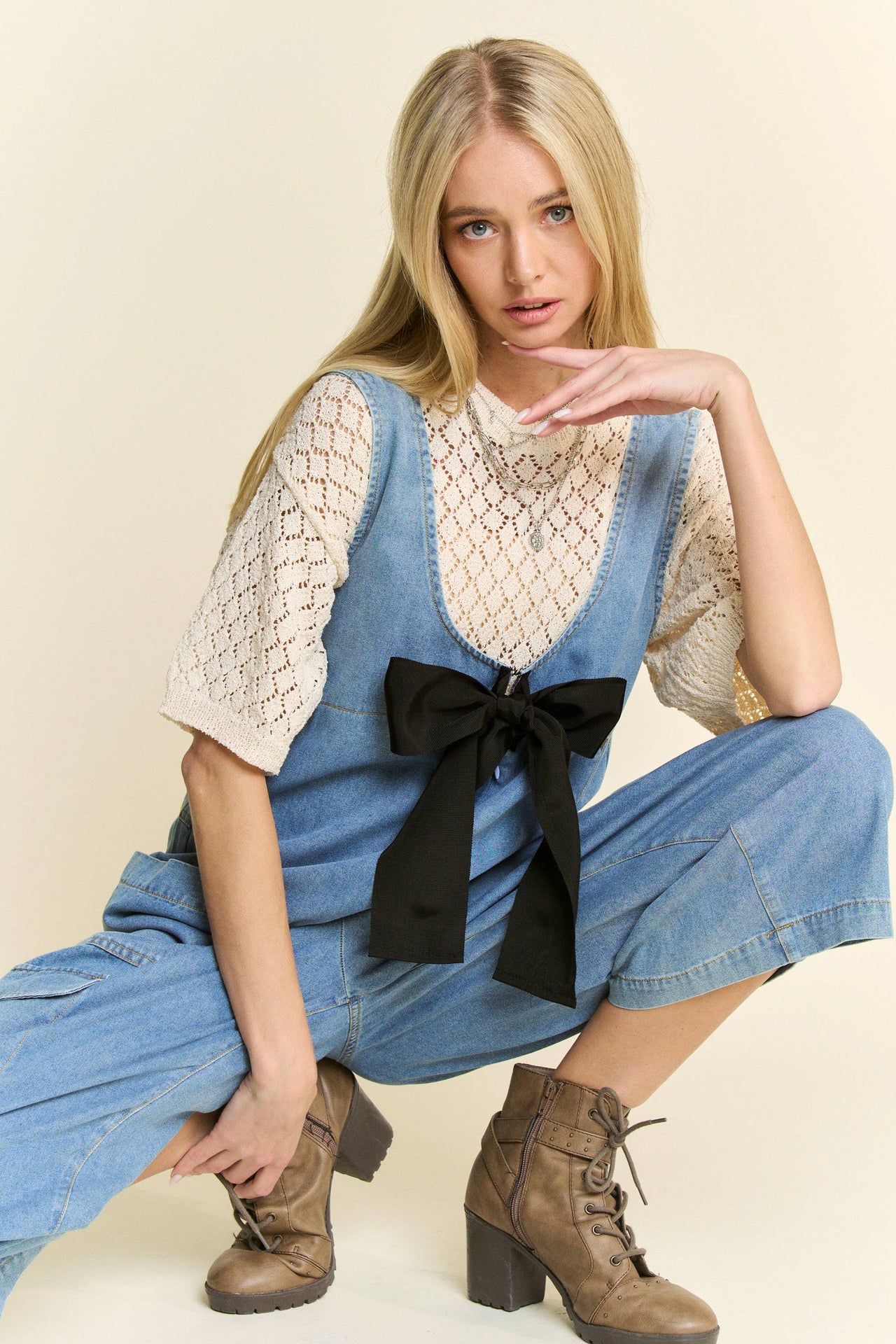 WASHED SOFT DENIM BOW TIE ZIPPER FRONT JUMPSUIT