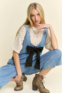 Thumbnail for WASHED SOFT DENIM BOW TIE ZIPPER FRONT JUMPSUIT