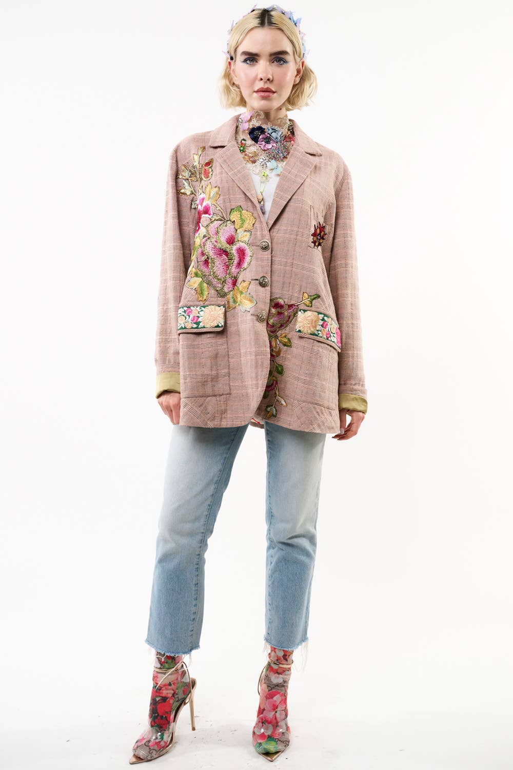 Pink Ash Washed Button-Up Blazer with Embroidered Patches and Velvet Elbow Details