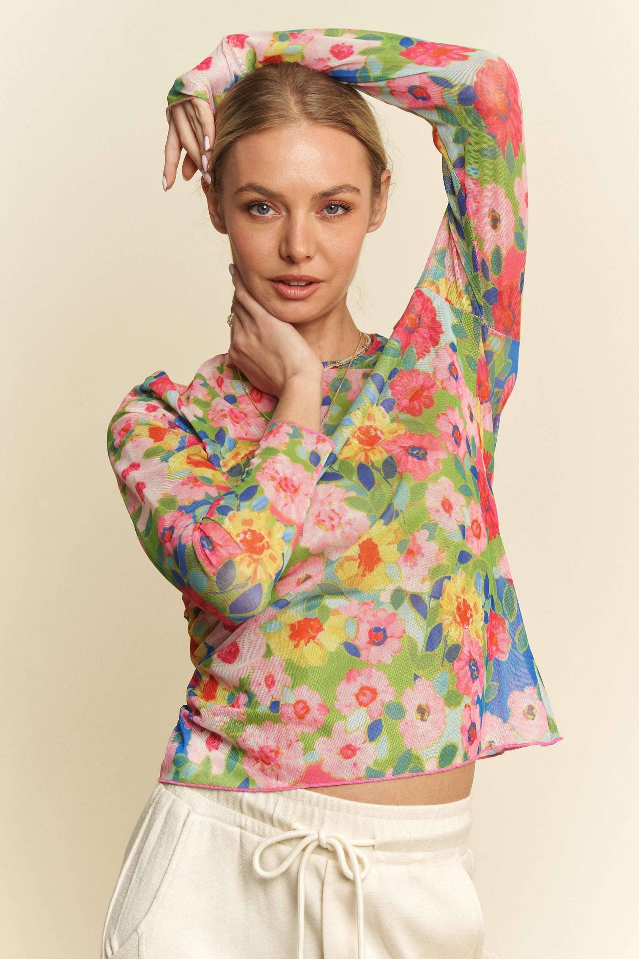 Floral Mesh Round Neck Long-Sleeve Top