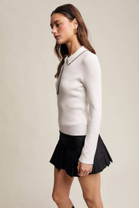 Thumbnail for Contrast Stitch Ribbed Knit Top Black and Soft Cream