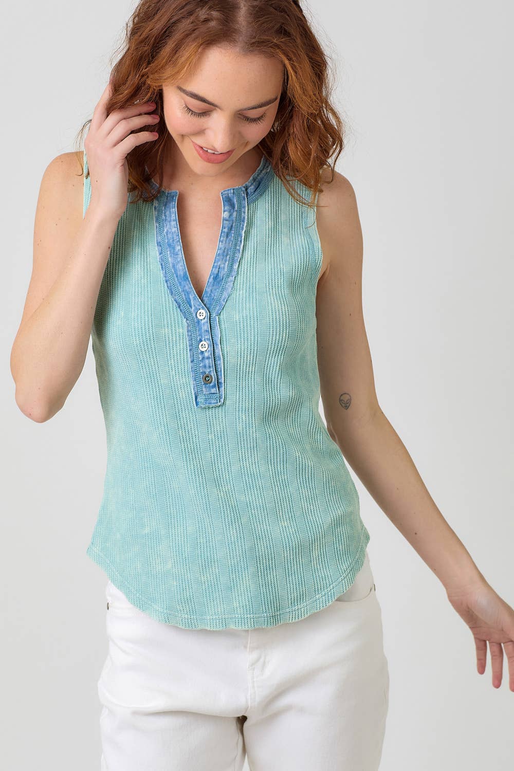 Washed Sleeveless Henley TankTop