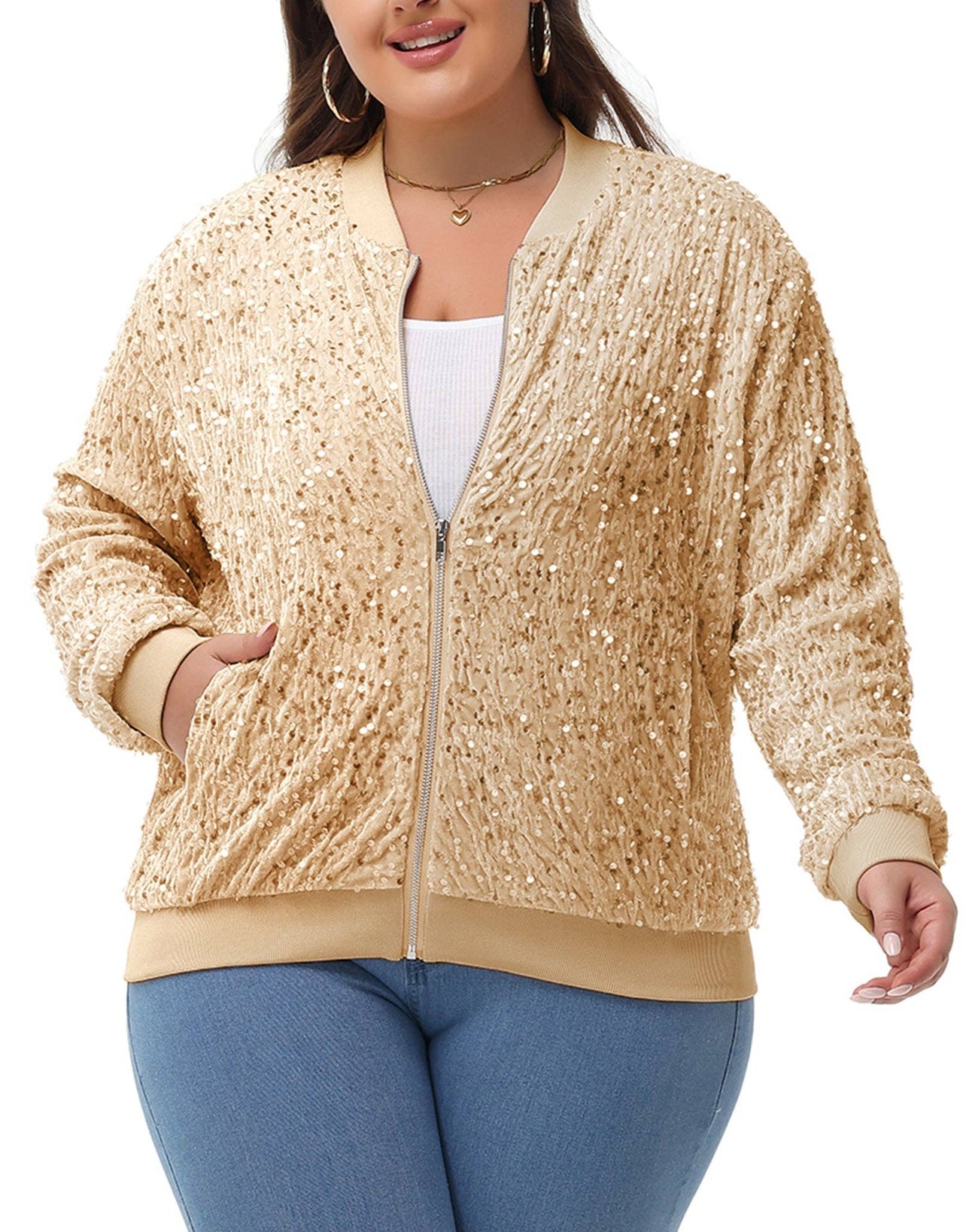 Plus Size Sequin Jacket Sparkly Zip Bomber Coat With Pockets
