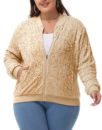 Thumbnail for Plus Size Sequin Jacket Sparkly Zip Bomber Coat With Pockets