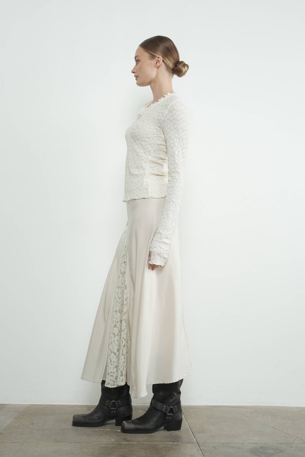 Elegant Cream Lace Long-Sleeve Top with Ruffle Details and U-Neckline