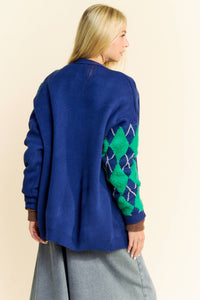 Thumbnail for PLUSH ARGYLE BUTTON FRONT LOOSE FIT KNIT CARDIGAN