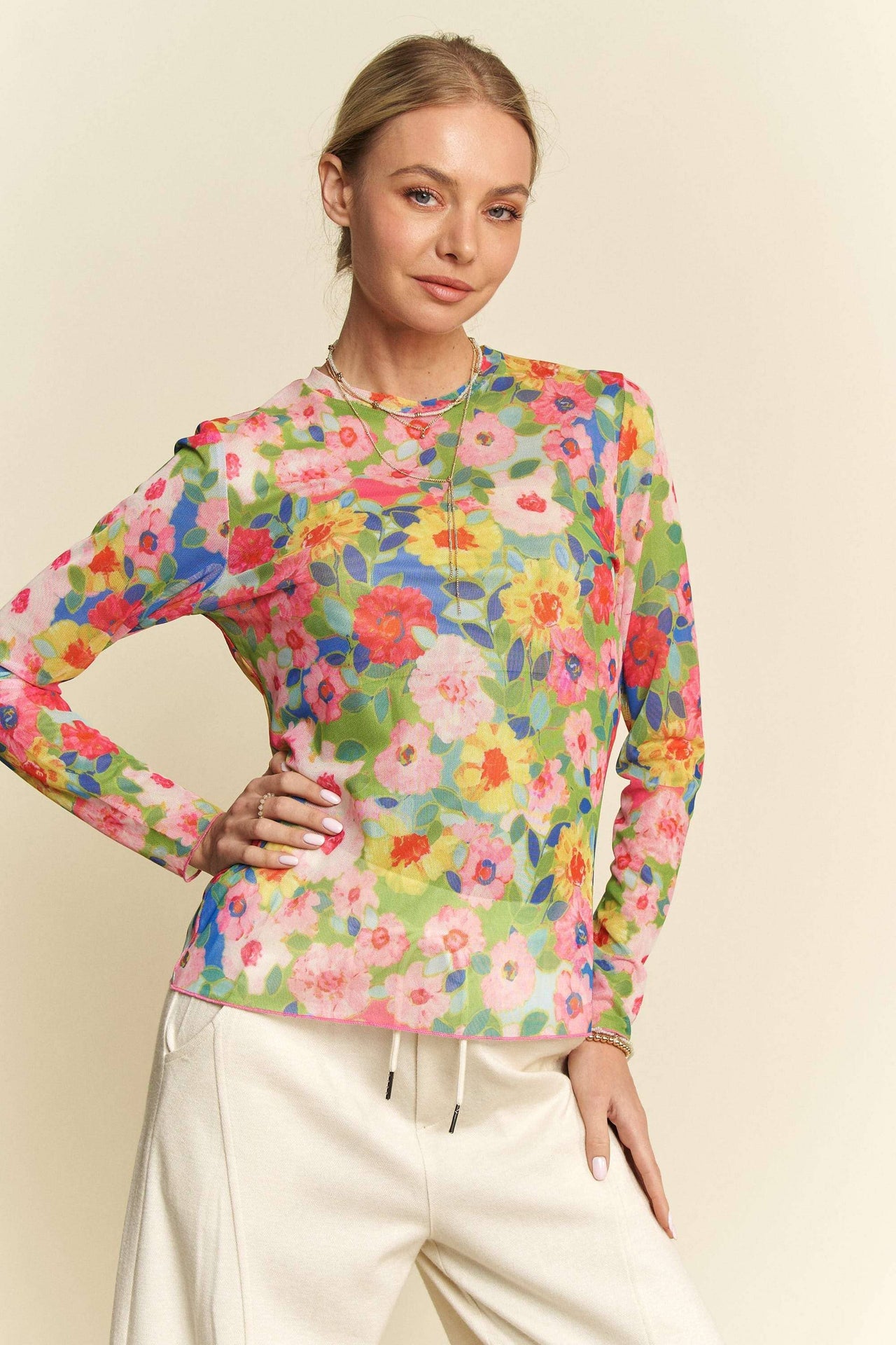 Floral Mesh Round Neck Long-Sleeve Top