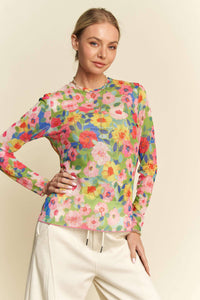 Thumbnail for Floral Mesh Round Neck Long-Sleeve Top