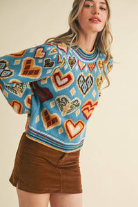 Thumbnail for HEART PATTERN PULLOVER SWEATER
