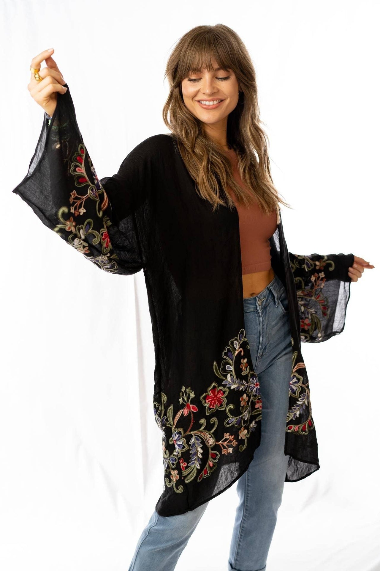 Fun In Florals Kimono - Black: OS