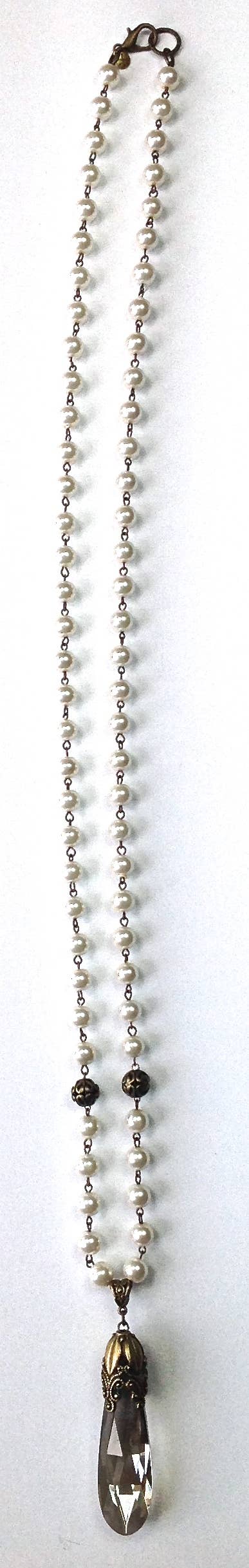 Long Rosaried Pearl Chain w/Faceted Tear Pendant