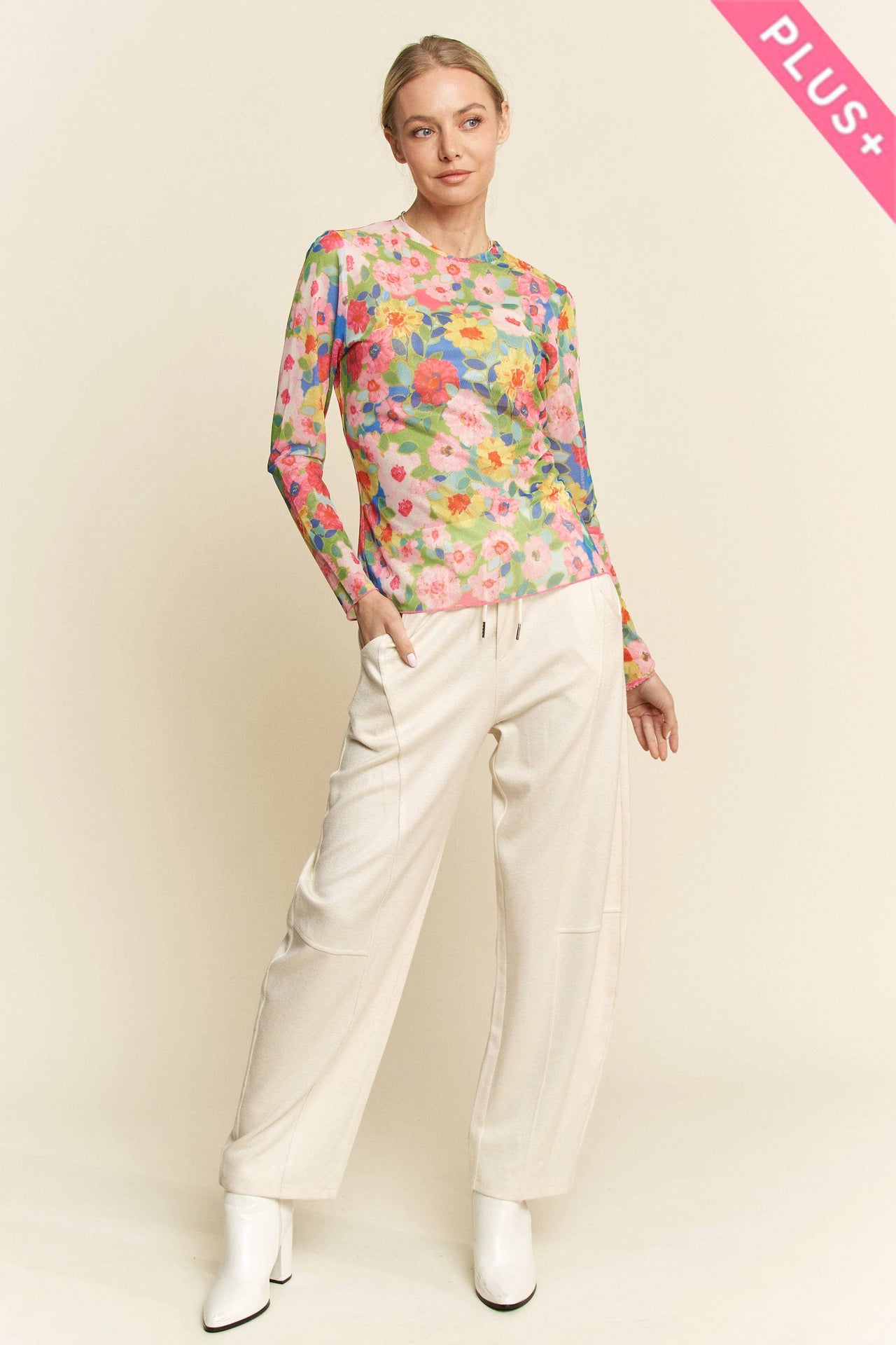 PLUS FLOWER PRINT MESH ROUND NECK LONG SLEEVE TOP