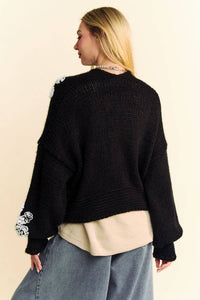 Thumbnail for FLORAL APPLIQUE LONG SLEEVE BULKY OPEN CARDIGAN