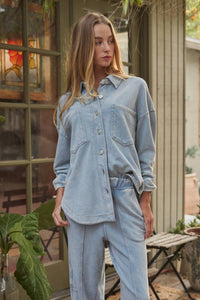 Thumbnail for The Tessa Washed Shirt Jacket | Light Blue Oversized Button Down