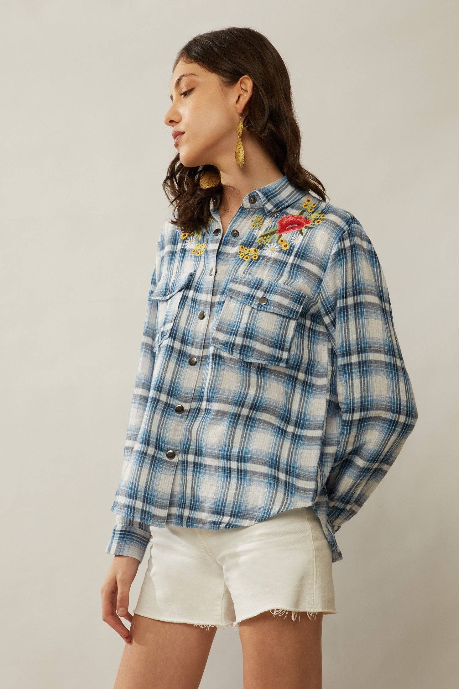 The Elise Top, Embroidered Floral Plaid Button Up Shirt