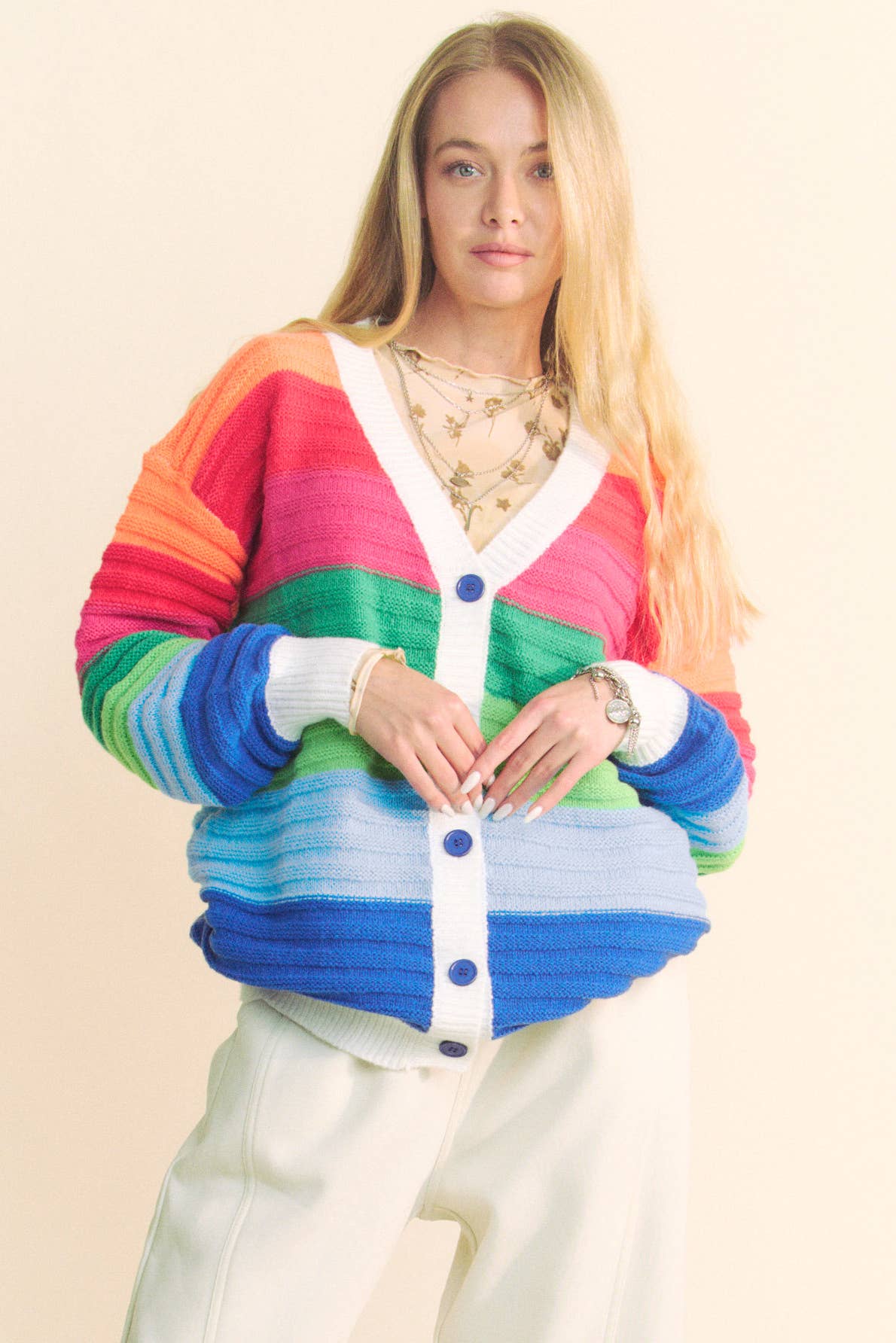 PLUS STRIPED TEXTURED KNIT MULTI SWEATER CARDIGAN: Rainbow