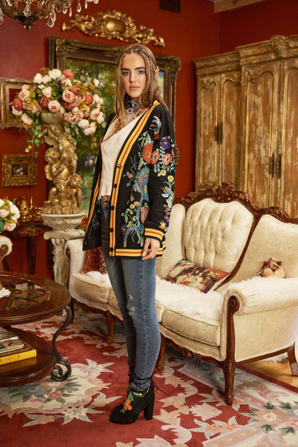 Hermione French Terry Cardigan | Floral Embroidered Jacket