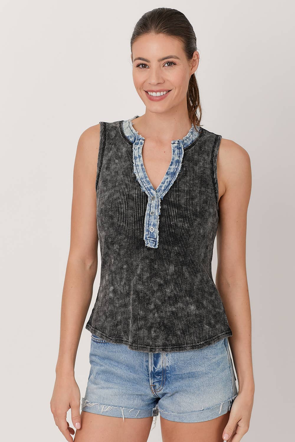 Washed Sleeveless Henley TankTop