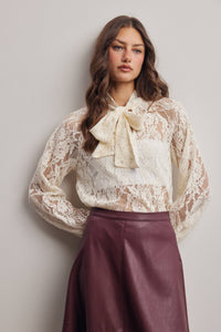 Thumbnail for Sheer Lace Tie Neck Blouse FT0059