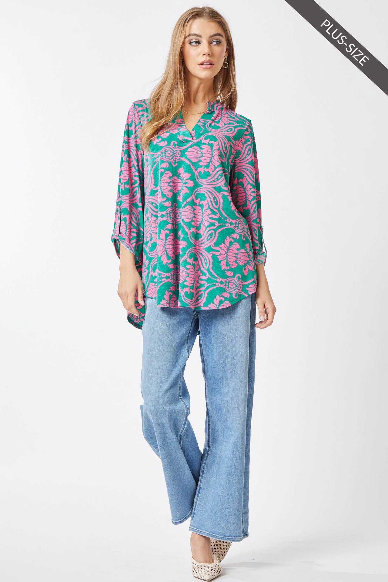 PLUS SIZE 3/4 Sleeve Lizzy Wrinkle Free Blouse: Emerald Pink