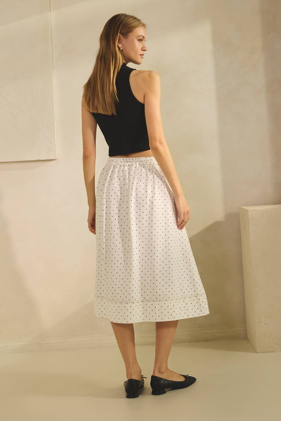 Washed Polka Dot Printed Denim Midi Skirt