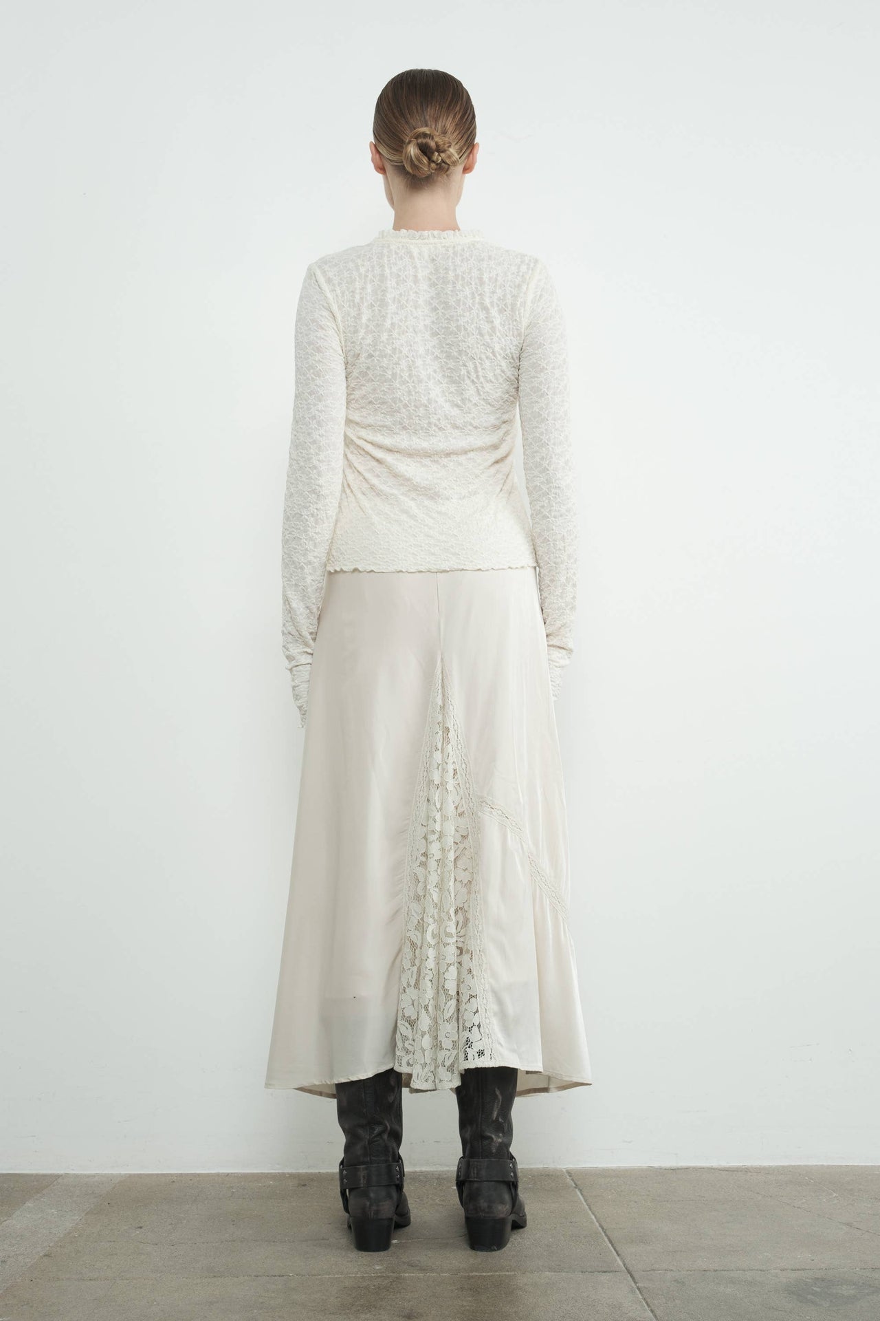 Elegant Cream Lace Long-Sleeve Top with Ruffle Details and U-Neckline