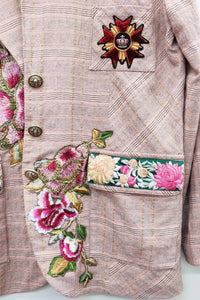 Thumbnail for Pink Ash Washed Button-Up Blazer with Embroidered Patches and Velvet Elbow Details