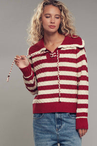 Thumbnail for Lace-Up Cable Knit Striped Sweater Top