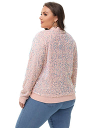 Thumbnail for Plus Size Sequin Jacket Sparkly Zip Bomber Coat With Pockets