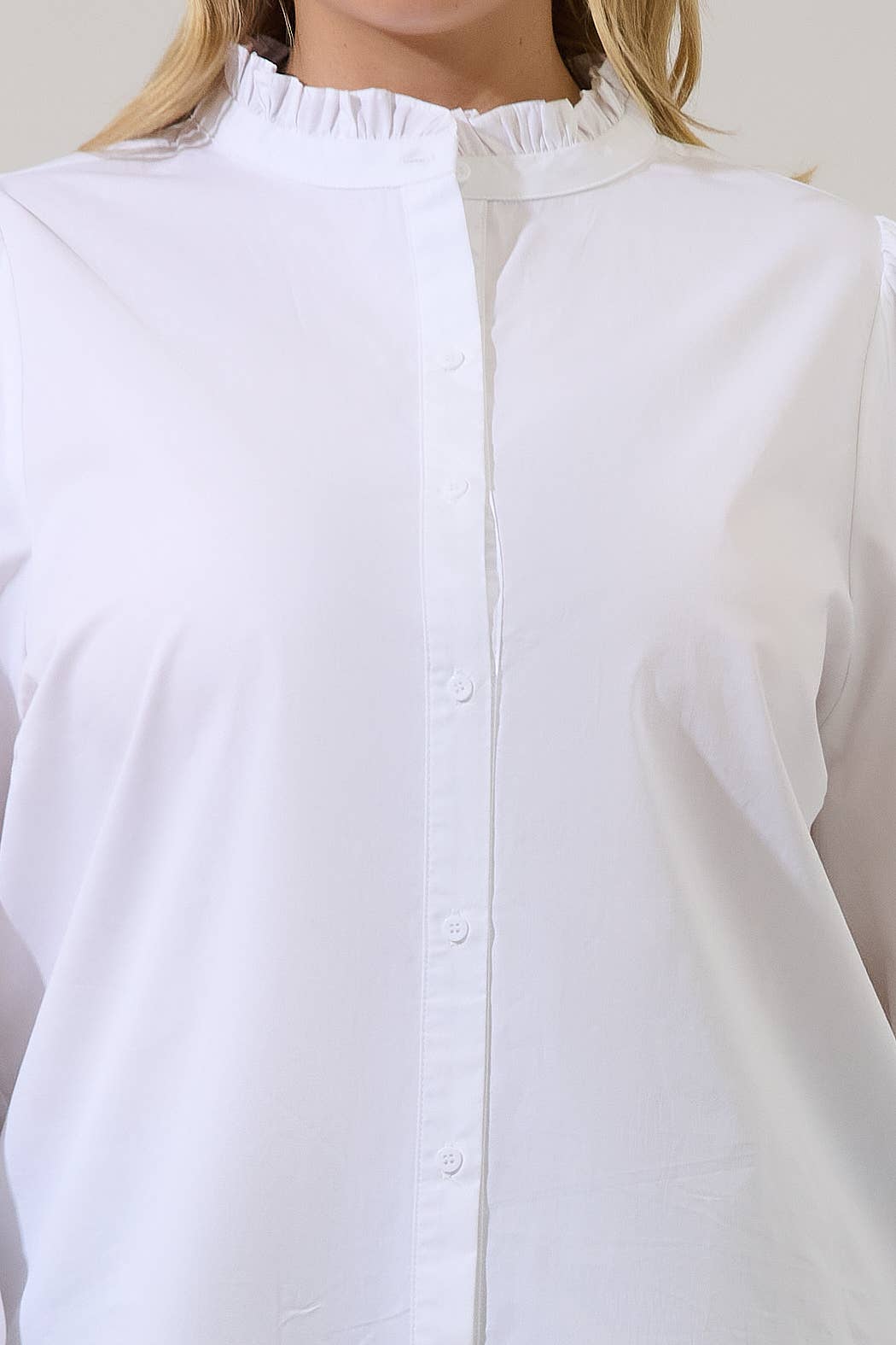 Doris Button Down Shirt Curve | White Cotton Ruffle Collar Blouse