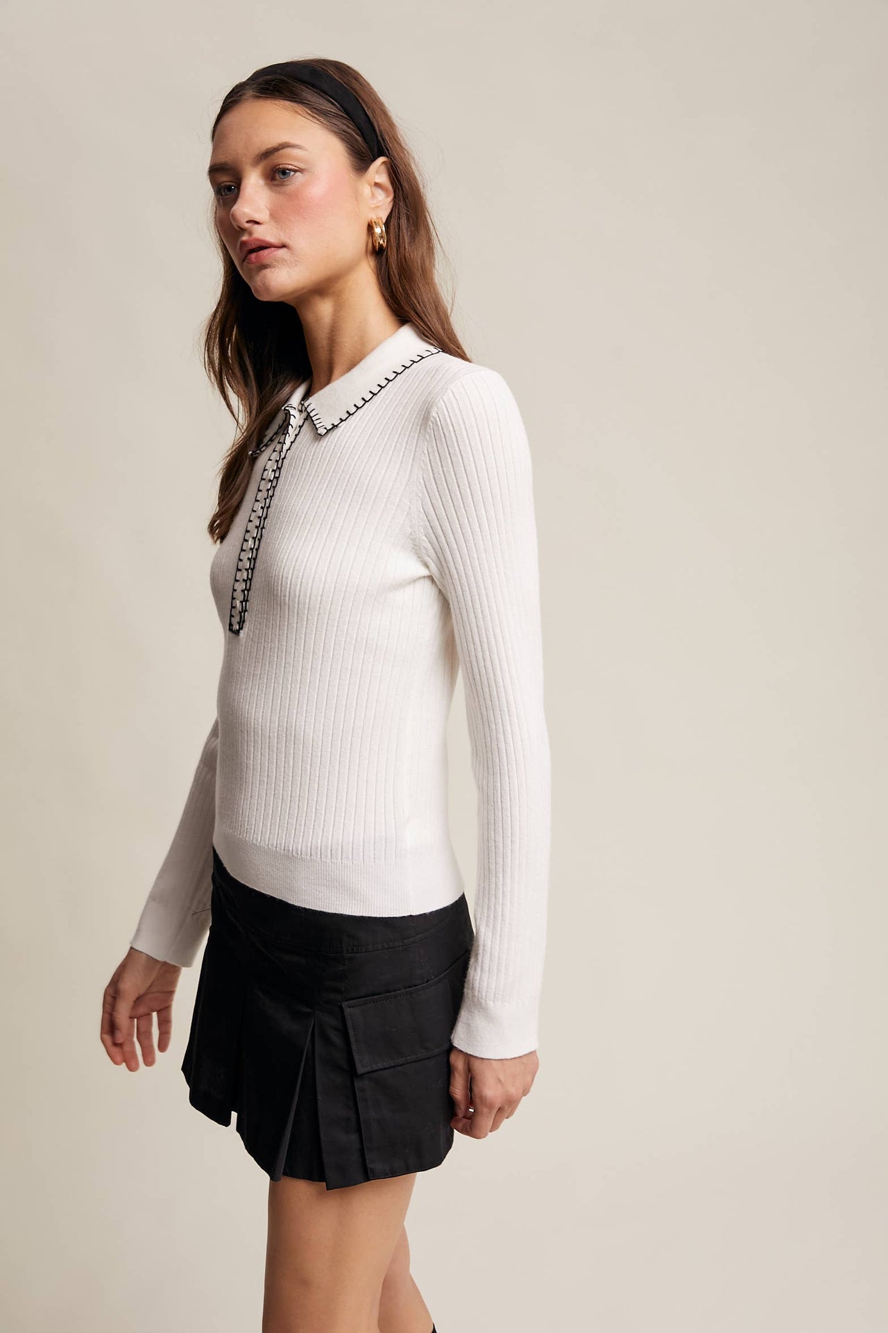 Contrast Stitch Ribbed Knit Top Black and Soft Cream