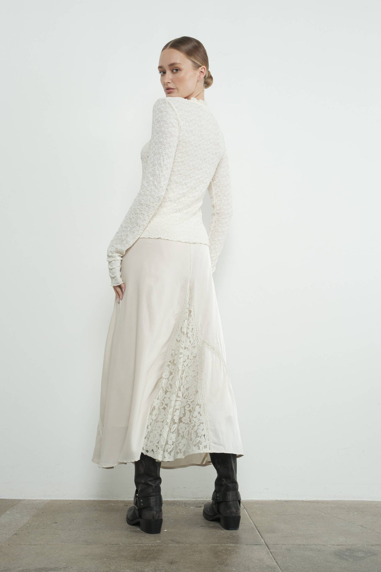 Elegant Cream Lace Long-Sleeve Top with Ruffle Details and U-Neckline