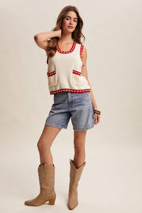 Thumbnail for Contrast Trim Sleeveless Knit Top