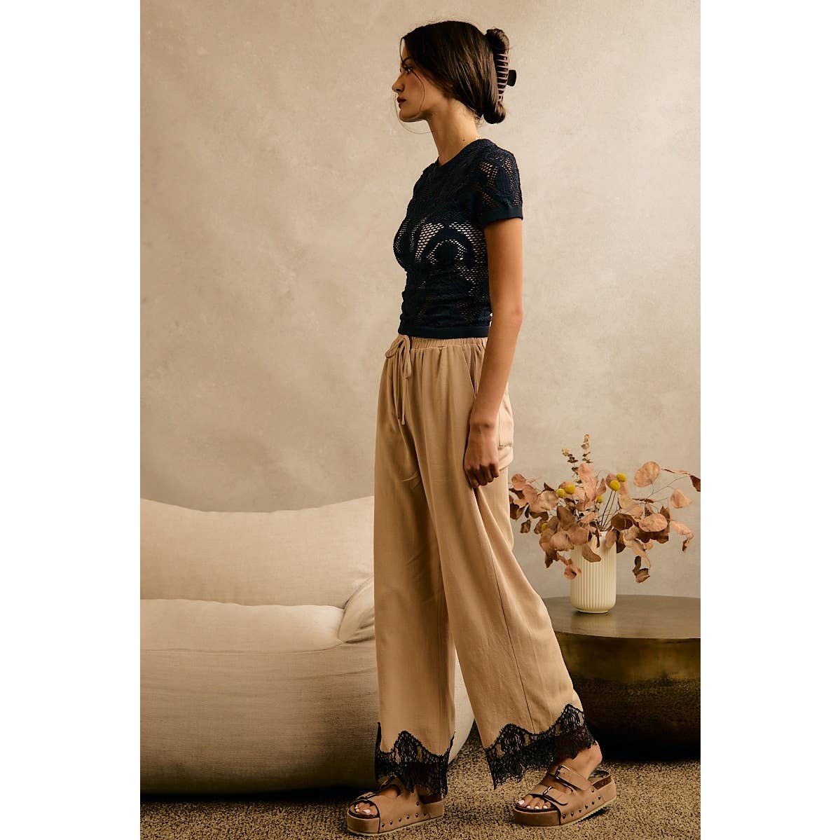 The Odette Lace Trim Linen Pants