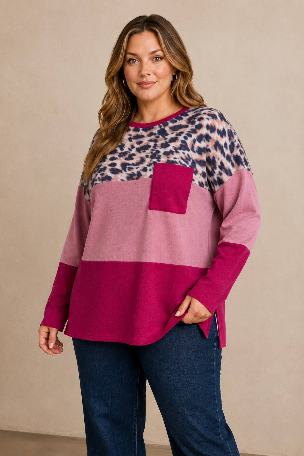 Plus size Leopard and solid mixed top with side slit