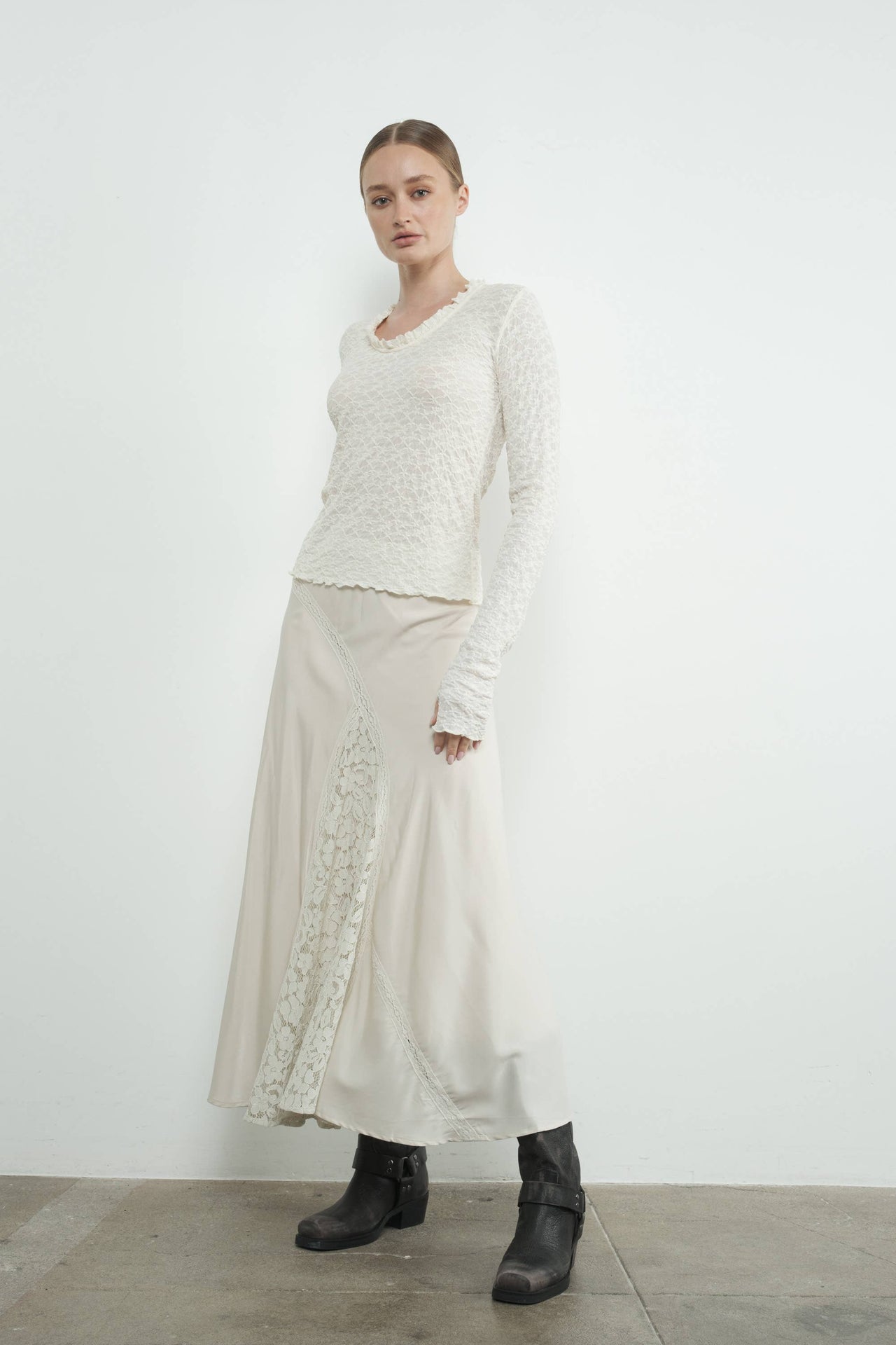 Elegant Cream Lace Long-Sleeve Top with Ruffle Details and U-Neckline