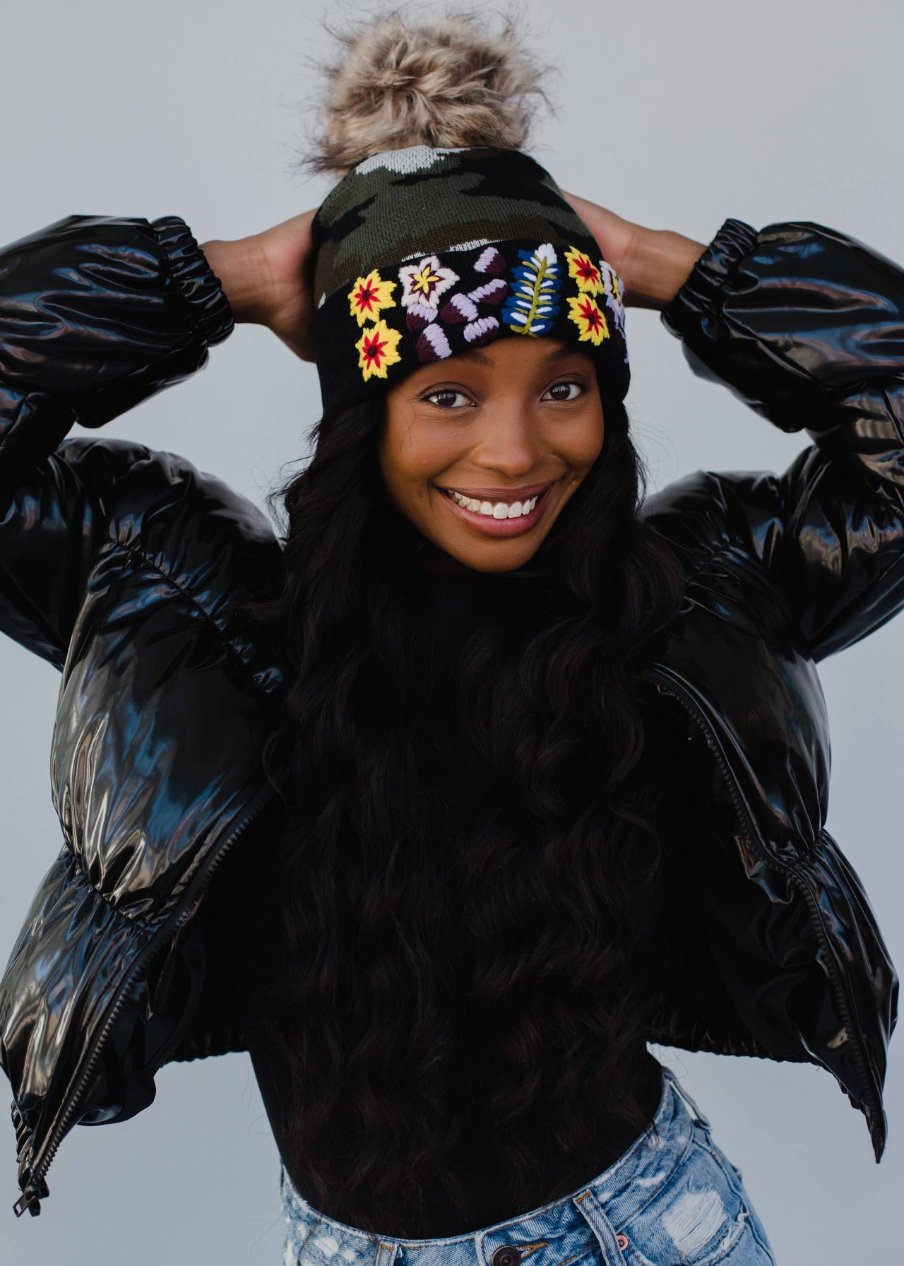 Luxe Green Camo w/ Floral Pattern Cuff Pom Hat