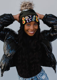 Thumbnail for Luxe Green Camo w/ Floral Pattern Cuff Pom Hat