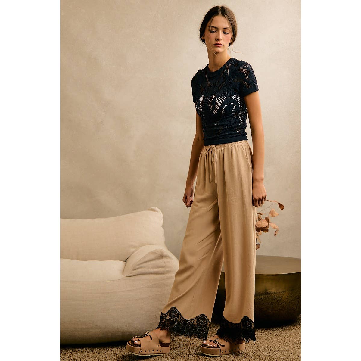 The Odette Lace Trim Linen Pants