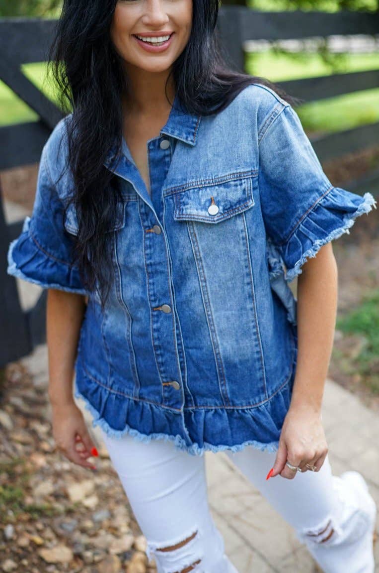 Raw Edge Ruffled Short Sleeve Denim Jacket