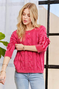 Thumbnail for MINERAL WASHED CABLE KNIT SWEATER TOP