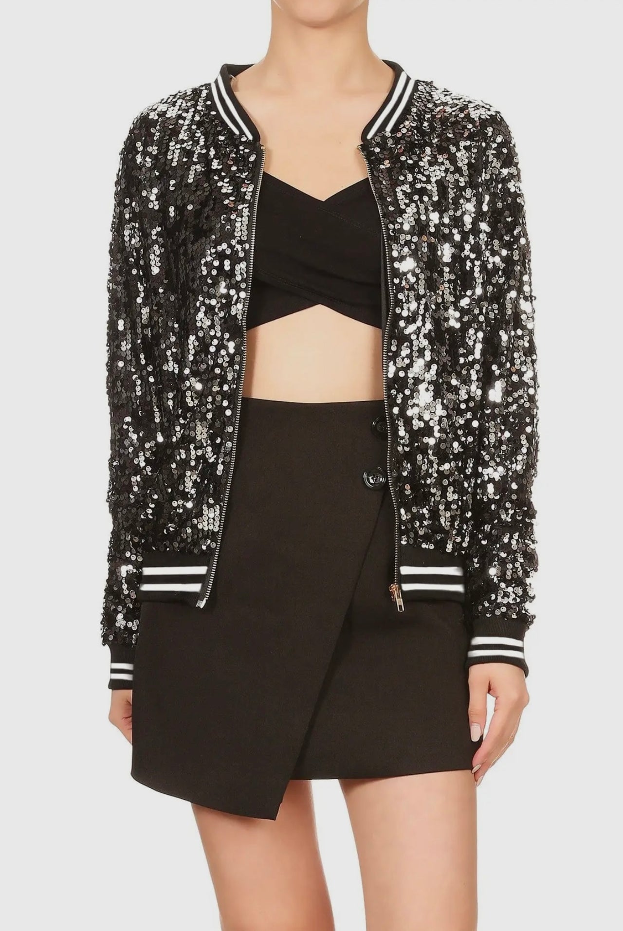 Sequin Bomber Zip-Up Jacket