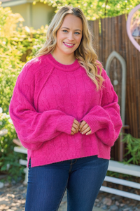 Thumbnail for Plus Berry Bright raglan sleeve cable knit sweater