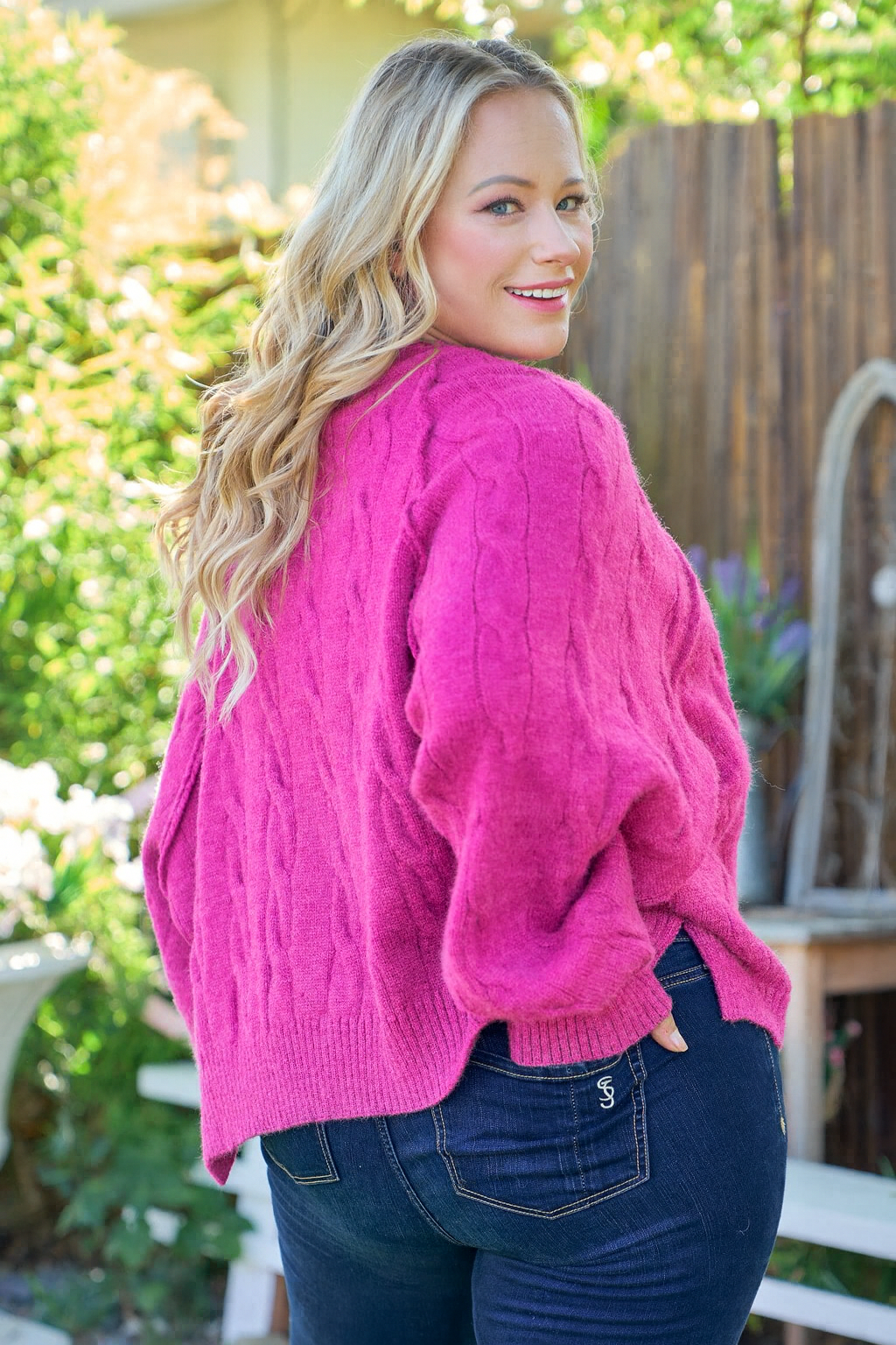 Plus Berry Bright raglan sleeve cable knit sweater