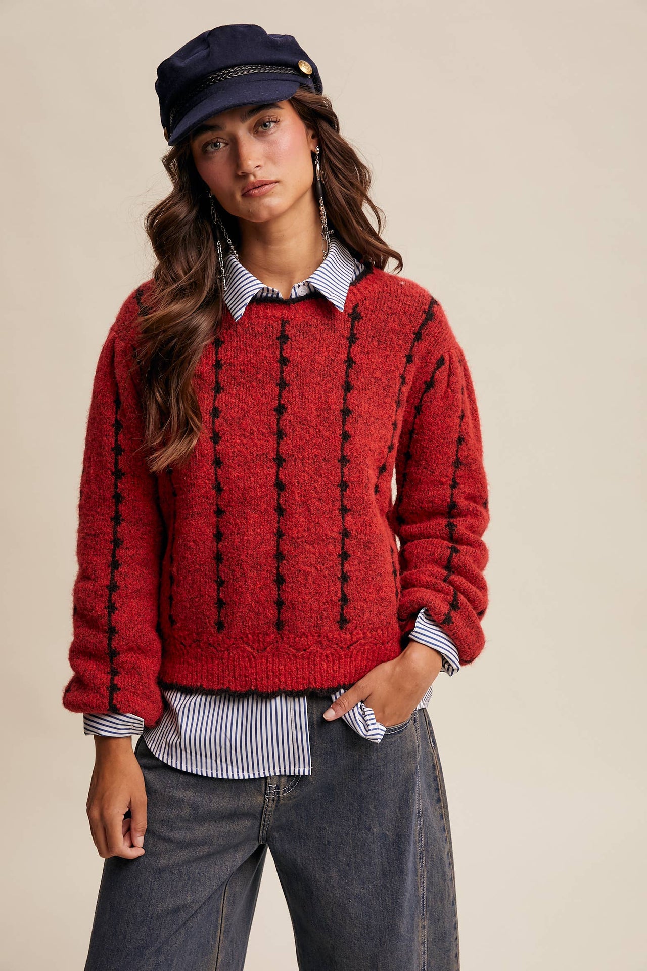 Textured Jacquard Knit Crew Sweater