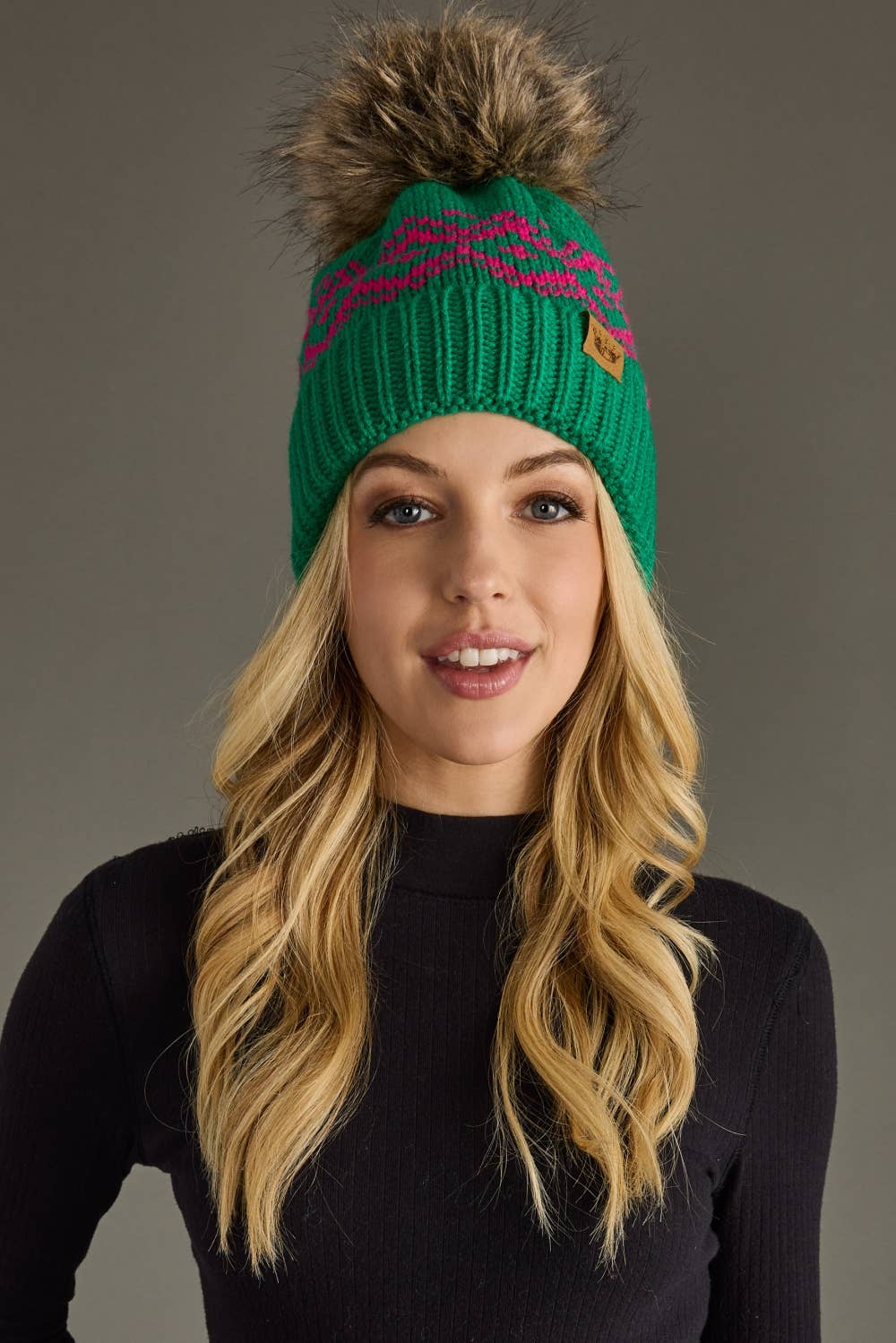 Green & Speckled Patterned Pom Hat