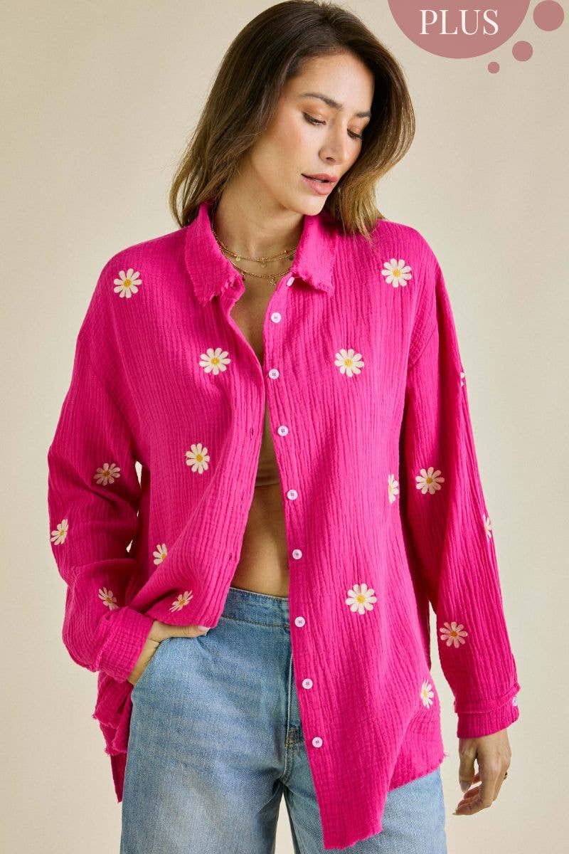 PLUS SIZE -Daisy Embroidered Button Down Top Hot Pink