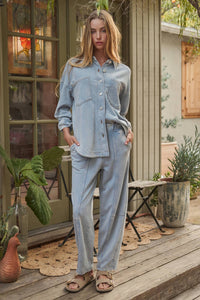 Thumbnail for The Tessa Washed Shirt Jacket | Light Blue Oversized Button Down